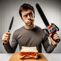 image of a confused-looking programmer standing in front of a counter, holding a simple table knife in one hand and a complicated-looking chainsaw in the other, as they contemplate which to use for their sandwich