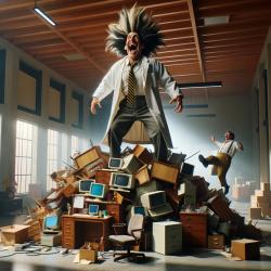 A coder who looks like a mad scientist laughs while standing on top of a pile of computer and office furniture
