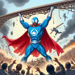 A Drupal superhero with a laptop keeps a bridge from falling down