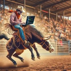 A cowboy types on a laptop while riding a bucking bronco in a rodeo