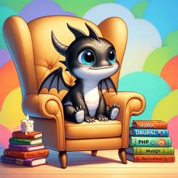 A baby dragon sits in a chair, surrounded by children's book about Drupal technologies like PHP and MySQL