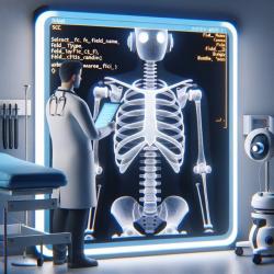 A doctor looks at an X-Ray of a robot and sees SQL inside