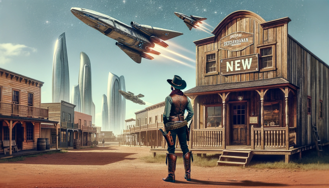 image of a cowboy coming out of an old-timey saloon, looking up at spaceships and jet airplanes passing by tall futuristic buildings