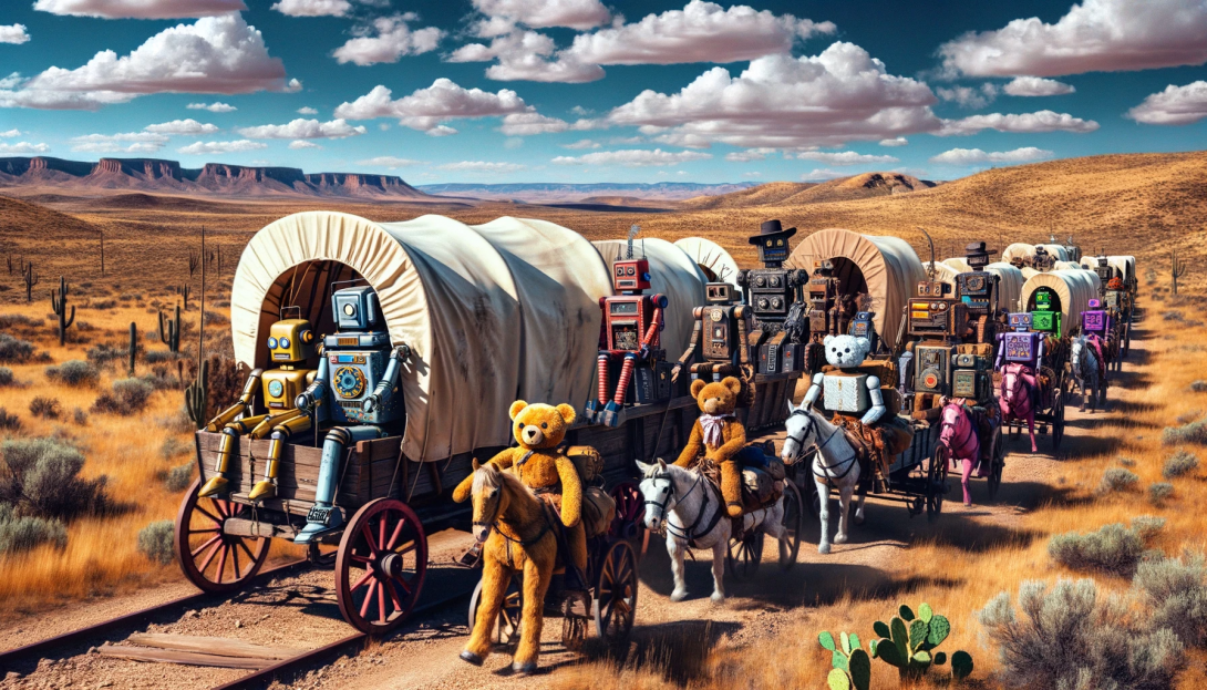   A group of unique robots and teddy bears traveling across the country in a wagon train, set in Old West America